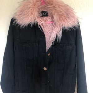 Black jean jacket with pink faux fur